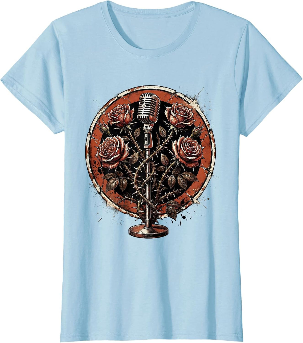 Microphone Stand Thorny Roses Classic Rock Art T-Shirt - Baby Blue