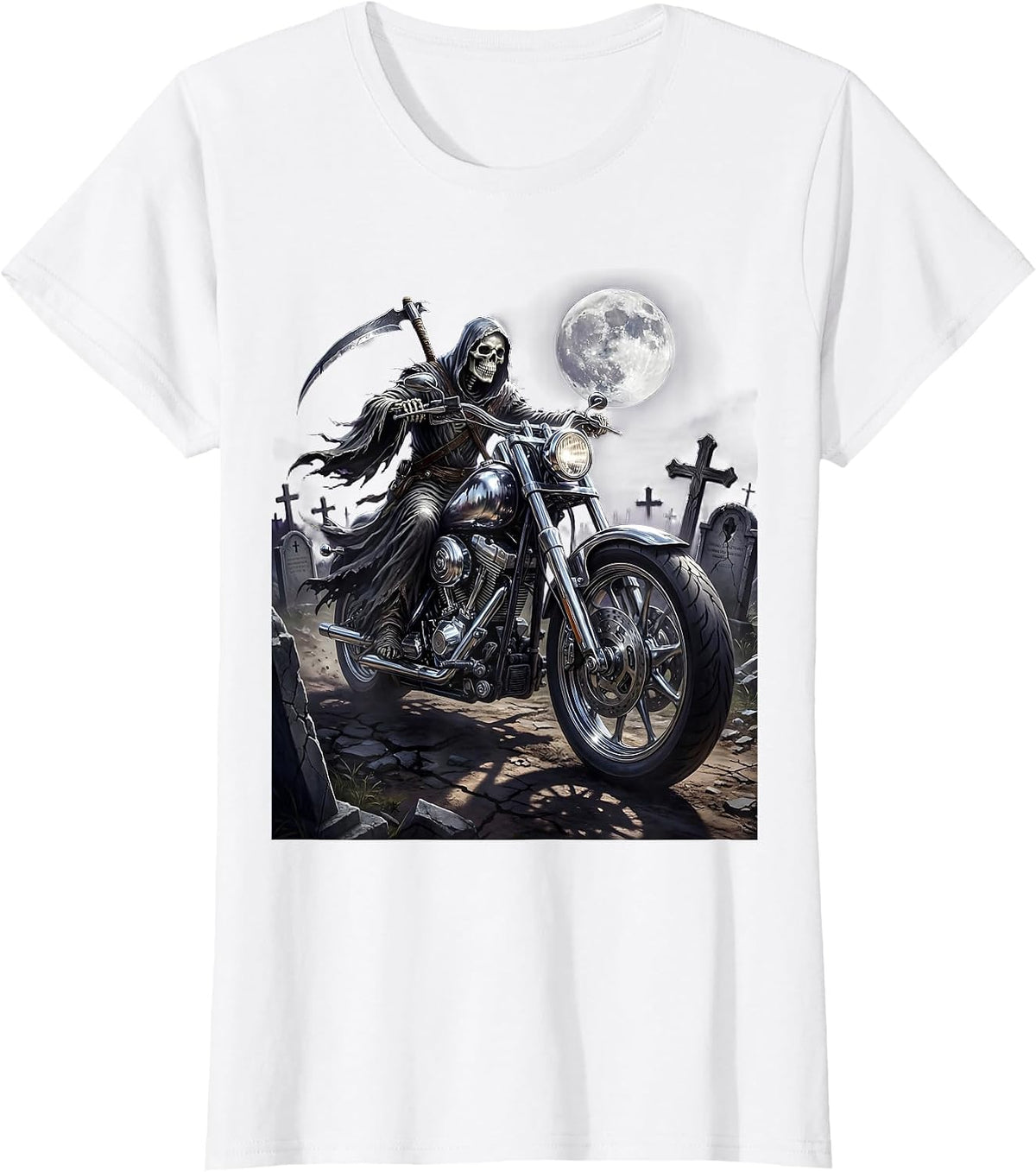 Grim Reaper Biker Graveyard Night Metal Graphic T-Shirt - White