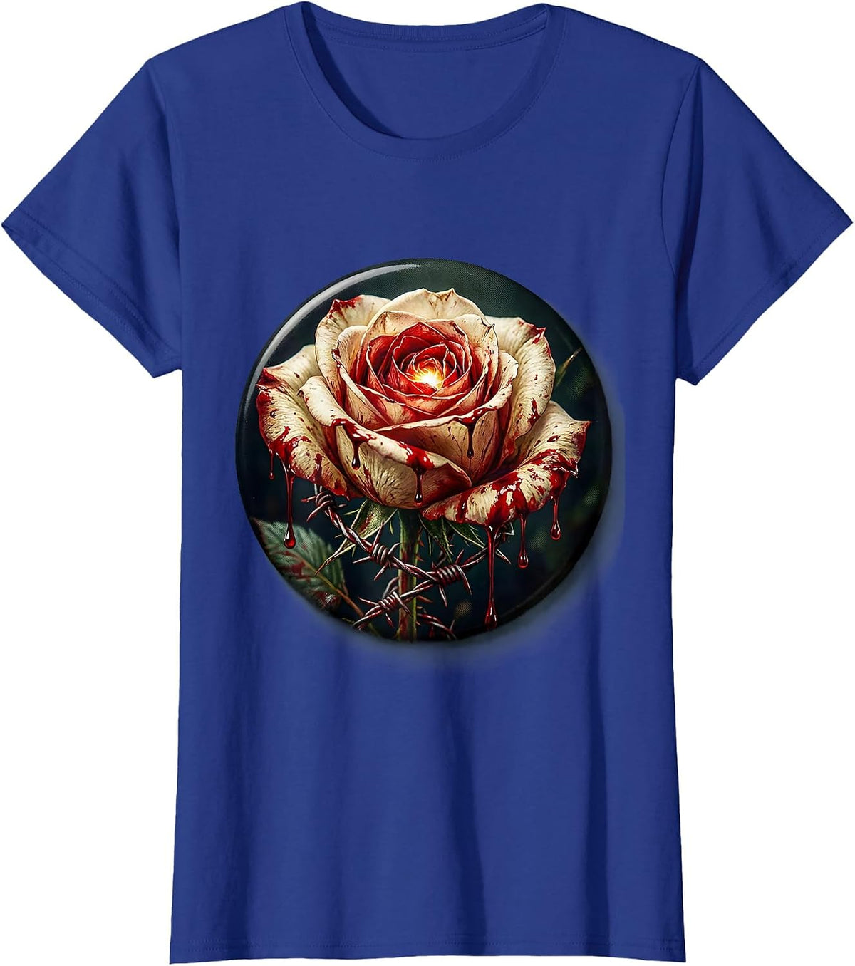Women's Bleeding Thorned Rose Barbed Wire Dark Art T-Shirt - Royal Blue