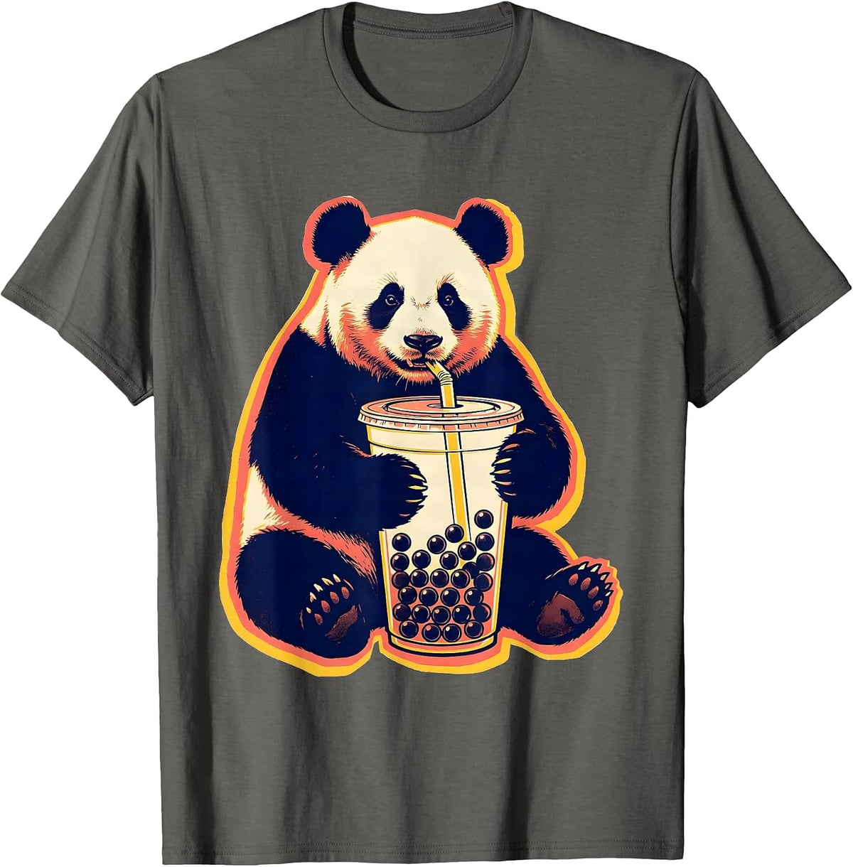 Rounded Panda Hugging Bubble Tea Kawaii Anime Girl T-Shirt - Asphalt Grey