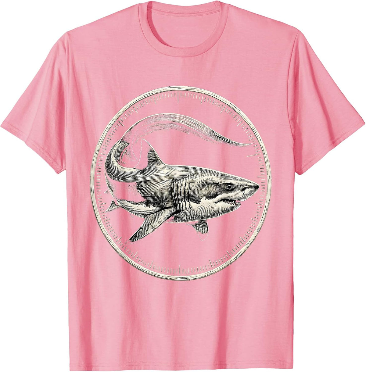 Men's Thresher Shark Engraved Badge Vintage Ocean Animal Humor T-Shirt - Pink