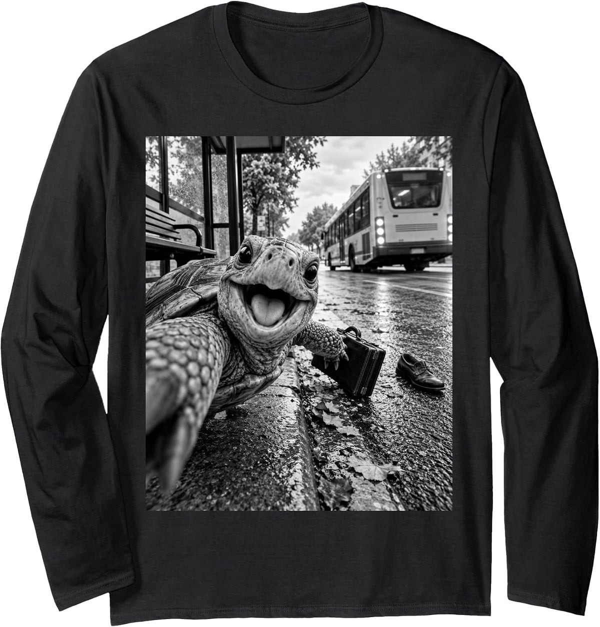 Funny Tortoise Missing Bus Selfie Meme for Turtle Lovers Long Sleeve T-Shirt - As Pictured