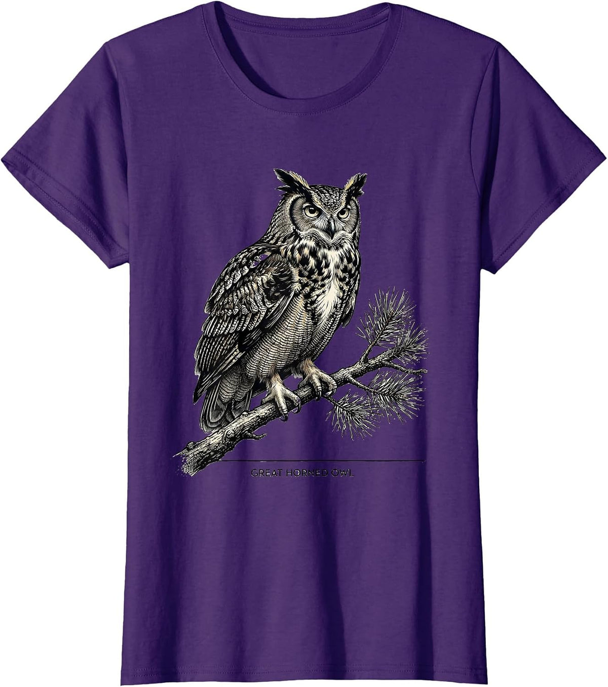 Women's Great Horned Owl Vintage Forest Wildlife Nature Reflection T-Shirt - Purple