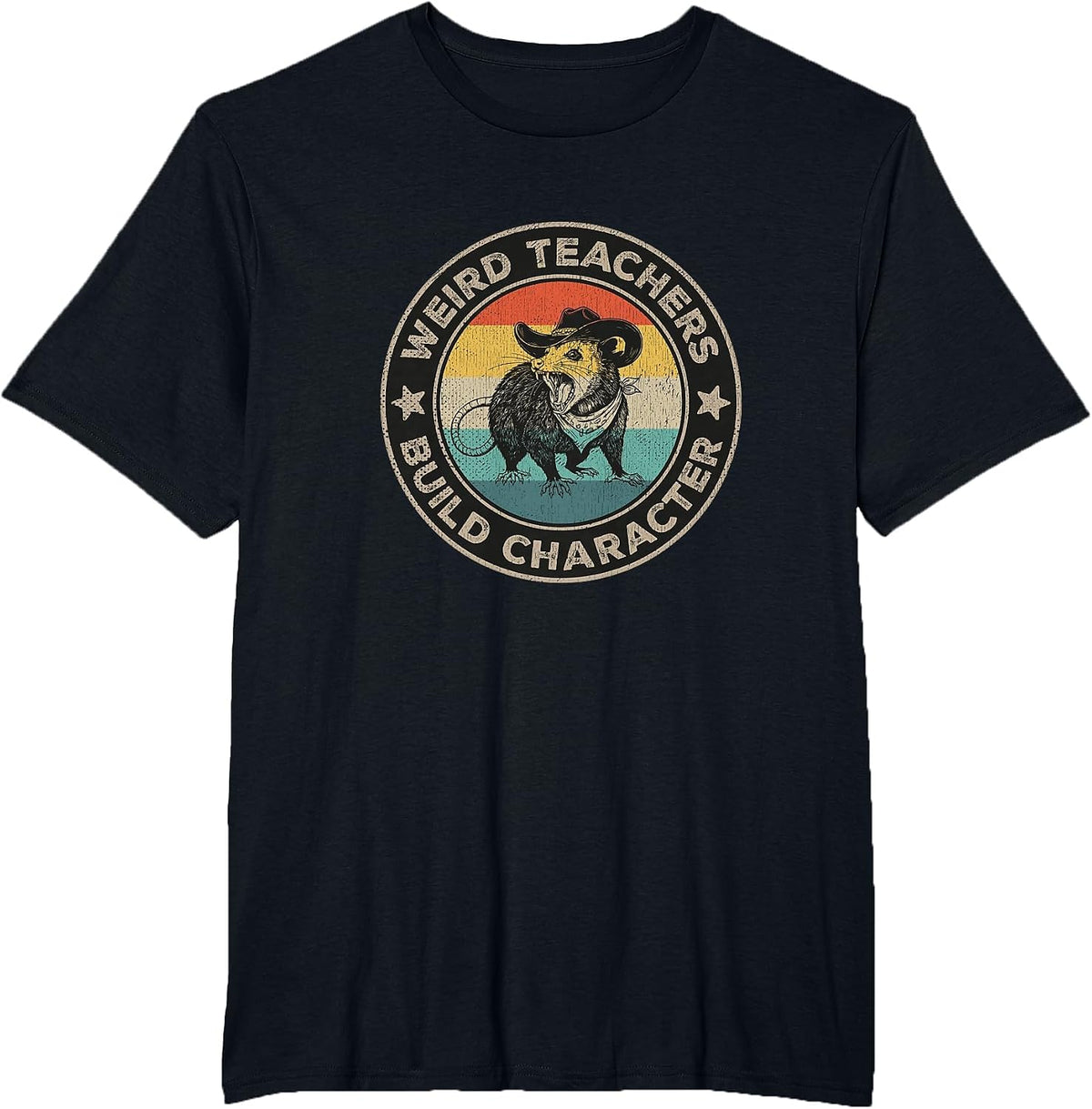 Weird Teachers Build Character Funny Teacher Retro Opossum T-Shirt - Black