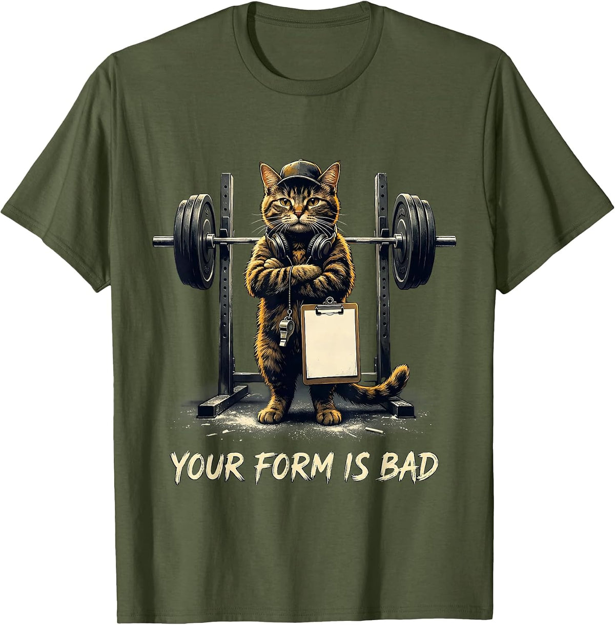 Men's Your Form Is Bad Funny Gym Cat Weightlifting Meme T-Shirt - Olive Green