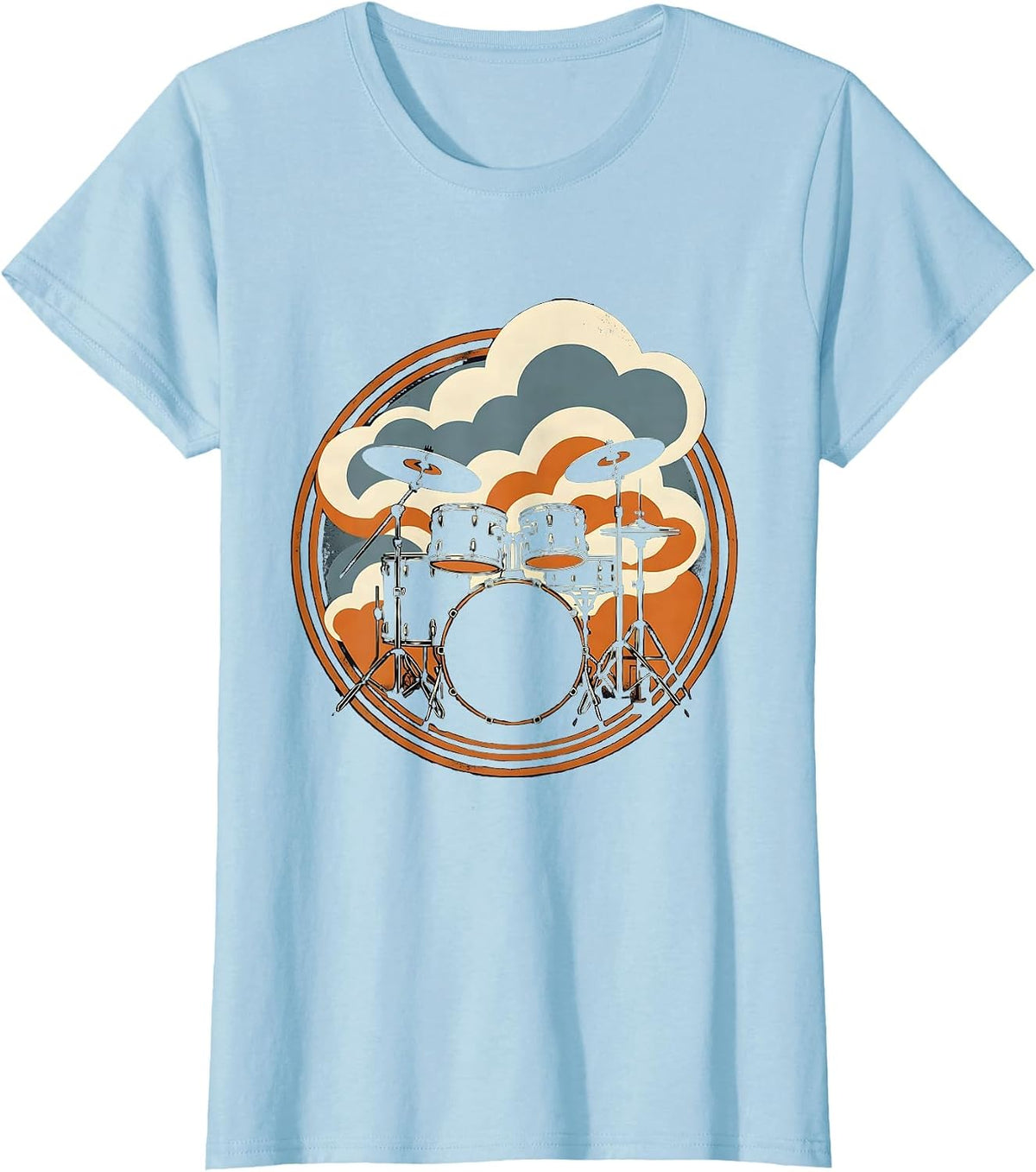 Drum Kit Engulfed in Rolling Smoke Graphic T-Shirt - Baby Blue