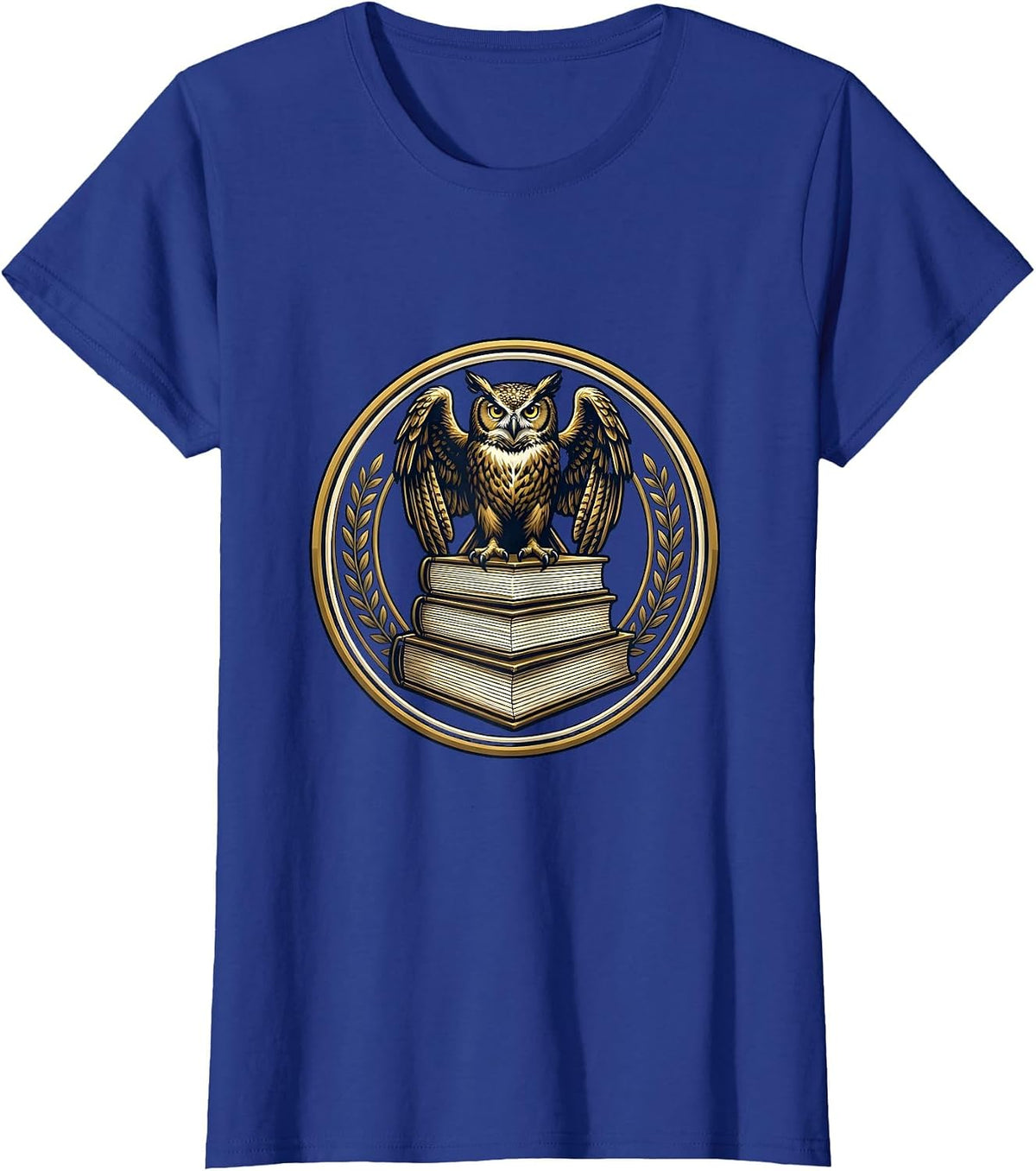 Women's Wise Owl on Stacked Books Illustration T-Shirt - Royal Blue