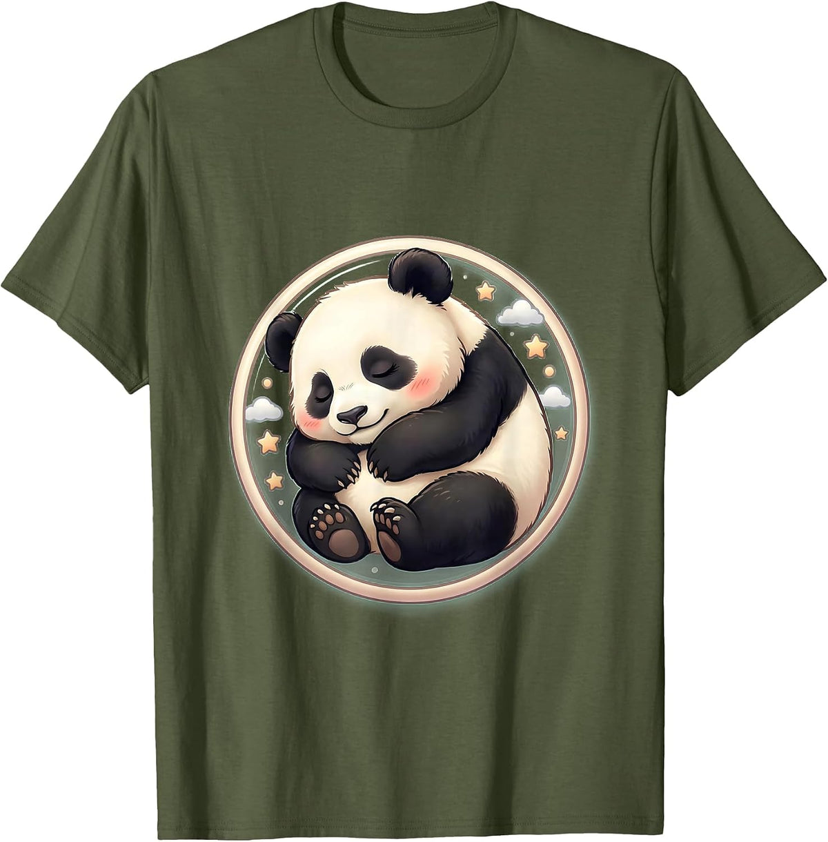 Sleeping Panda Cub Curled Up Cute Wildlife Art T-Shirt - Olive Green