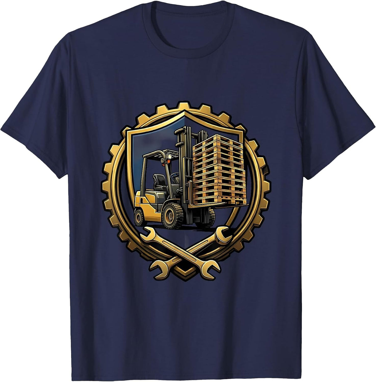 Labor Day Forklift Stacked Pallets Illustration T-Shirt - Navy Blue