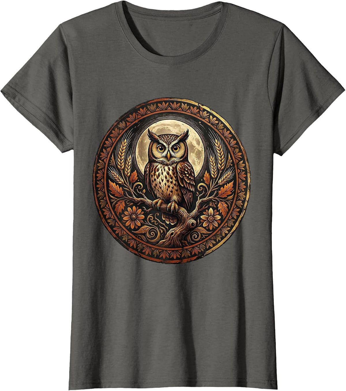 Women's Owl Harvest Moon Thanksgiving Graphic T-Shirt - Asphalt Grey
