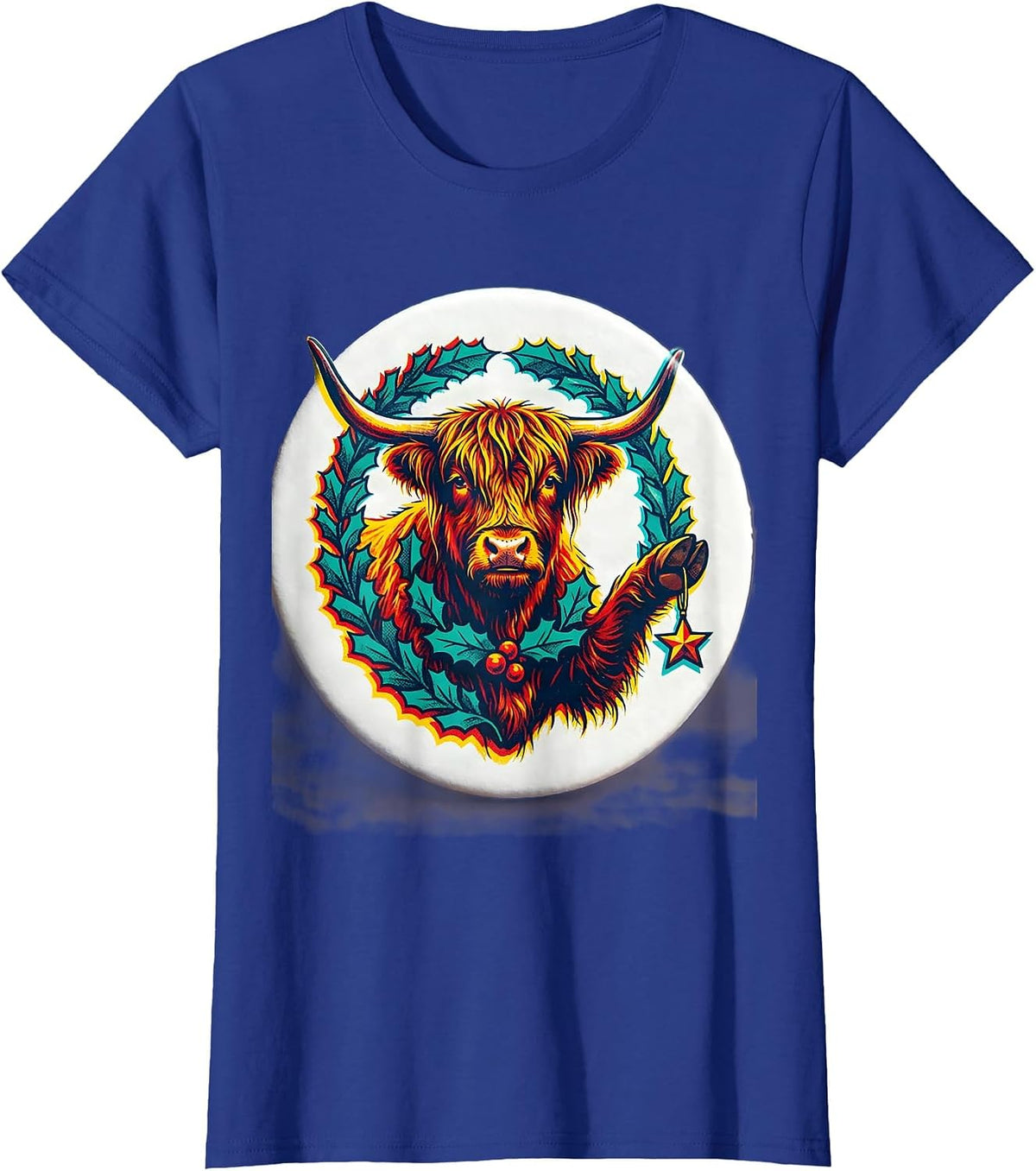 Women's Sealed Highland Cow Badge Risograph Whimsical Farm Humor T-Shirt - Royal Blue