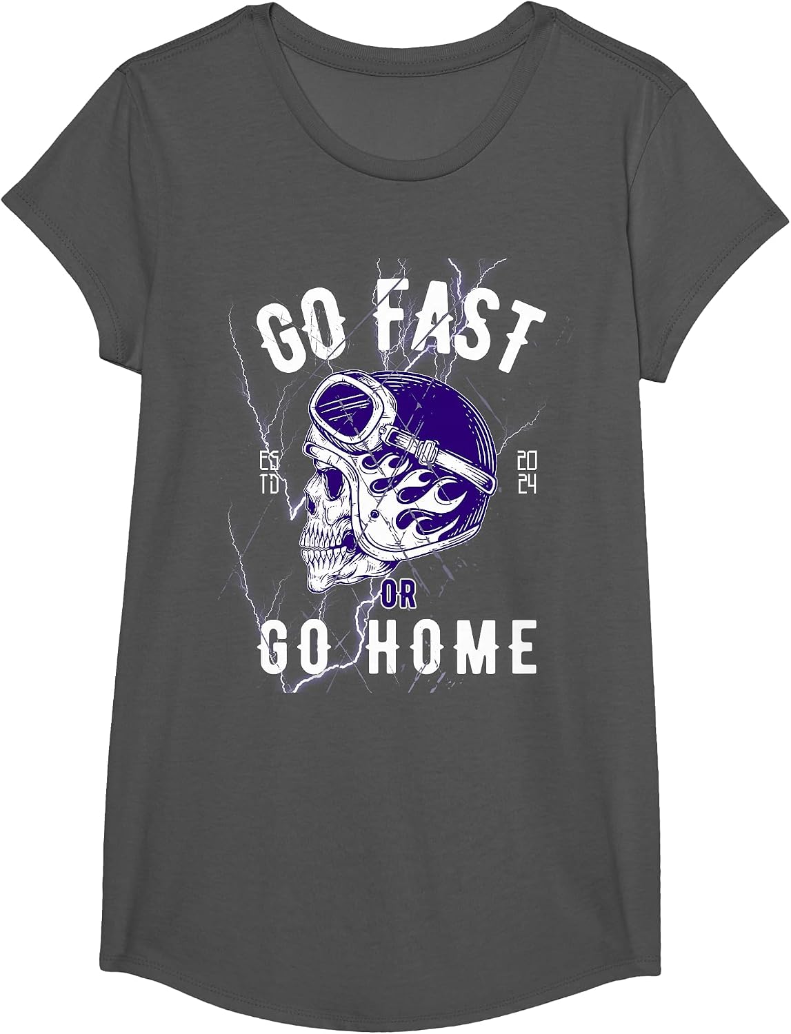 Go Fast or Go Home - Vintage Motorcycle Biker Skull T-Shirt - Girls Asphalt Grey