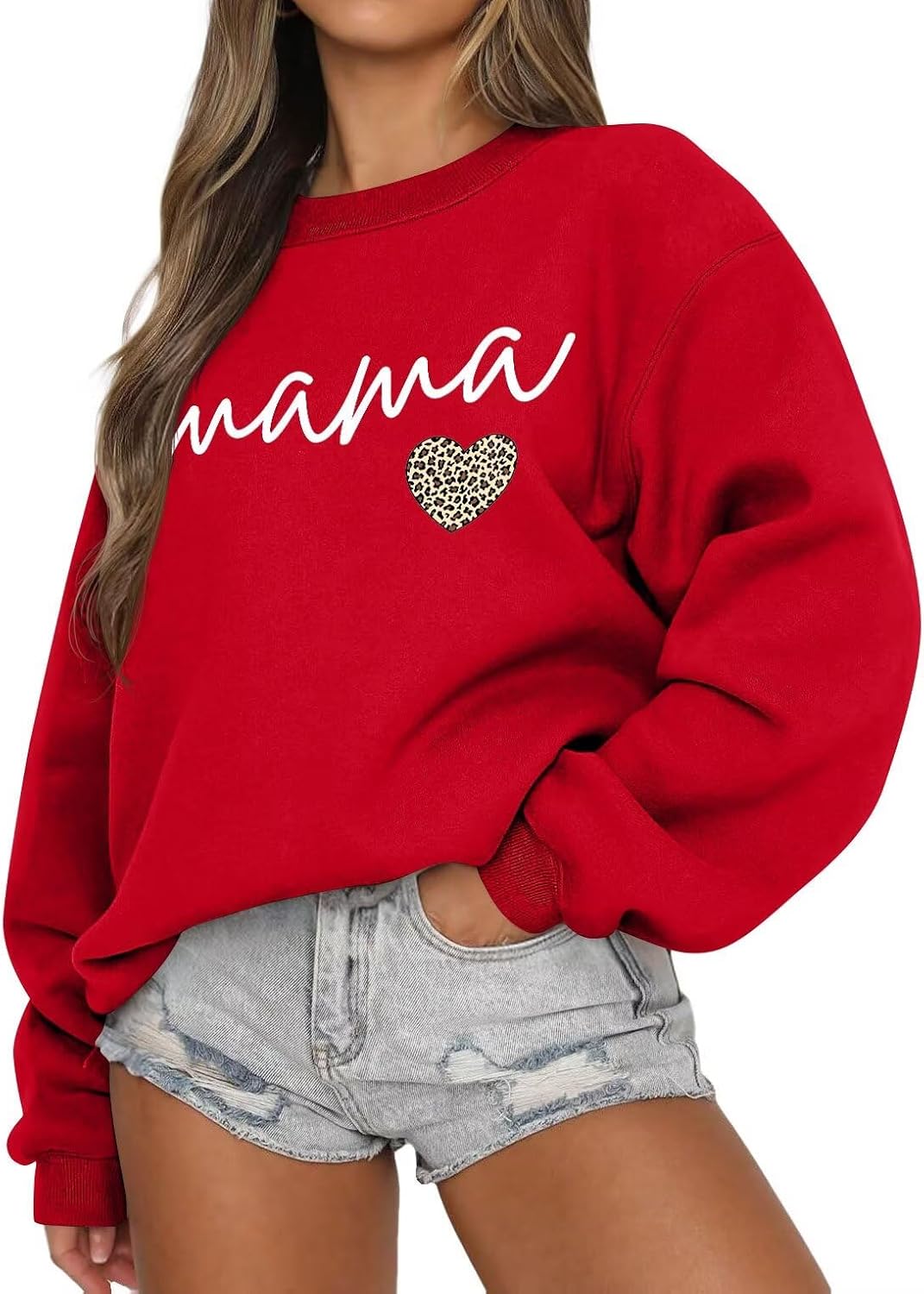 LEEDYA Women Long Sleeve Mama Sweatshirts Crewneck Casual Knit Mom Sweater - Red