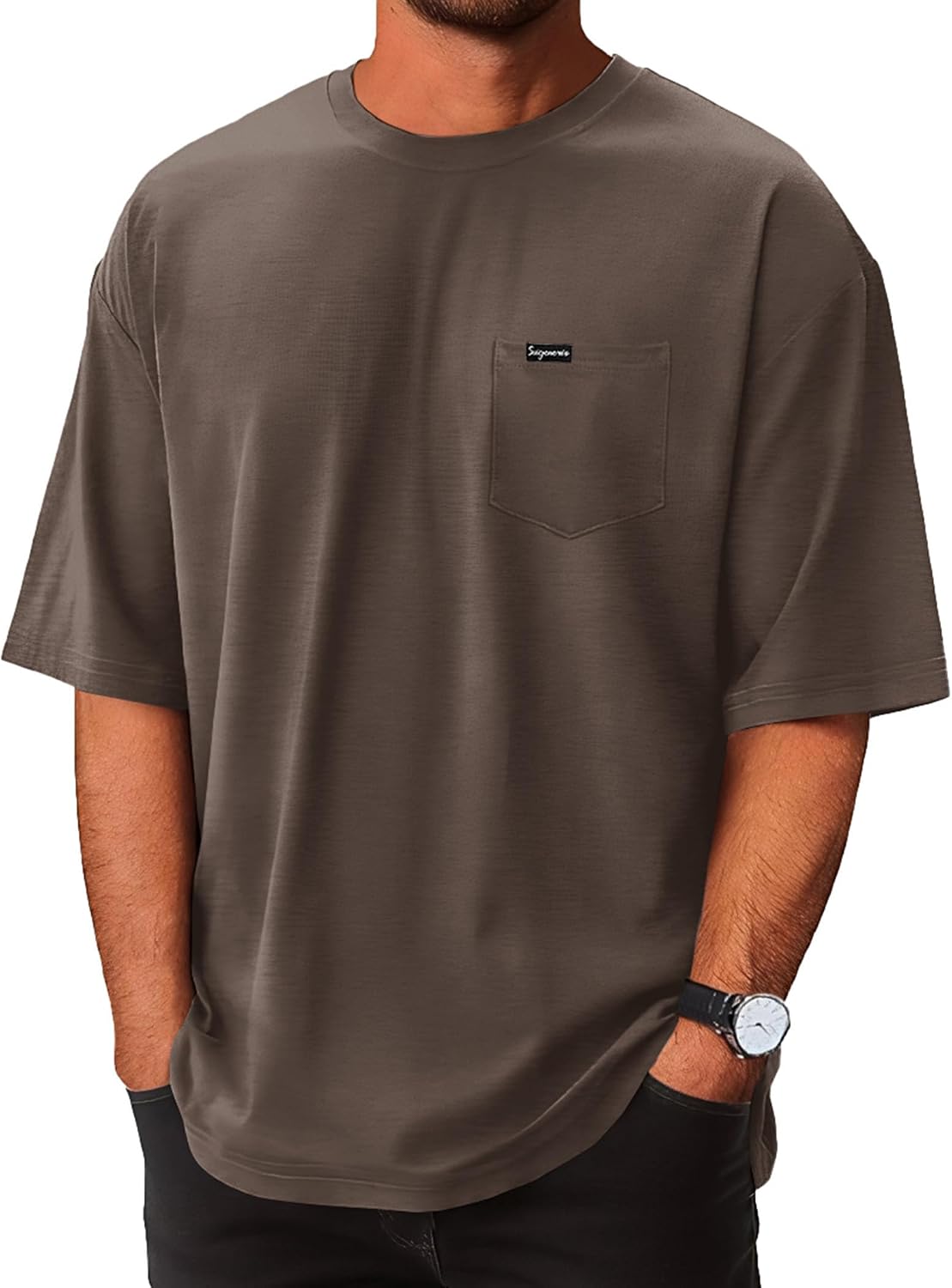 Mens Athletic Oversized Tshirts Lightweight Moisture Wicking Quick Dry Workout Tee with Pocket - Brown