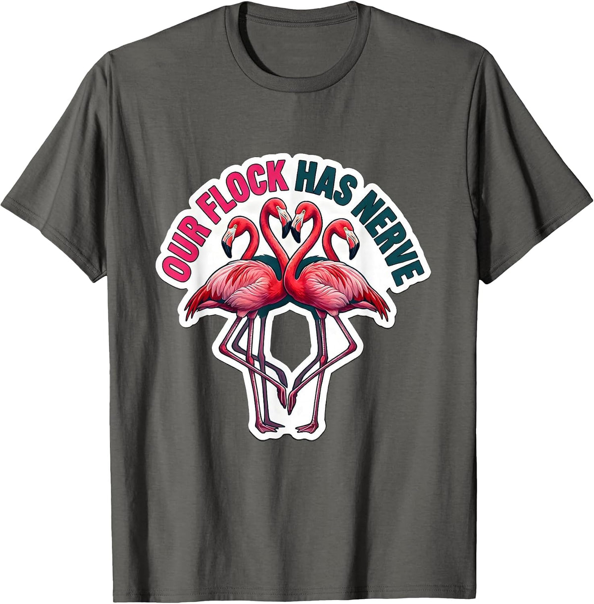Our Flock Has Nerve Funny Flamingo Lover Novelty Gift T-Shirt - Asphalt Grey