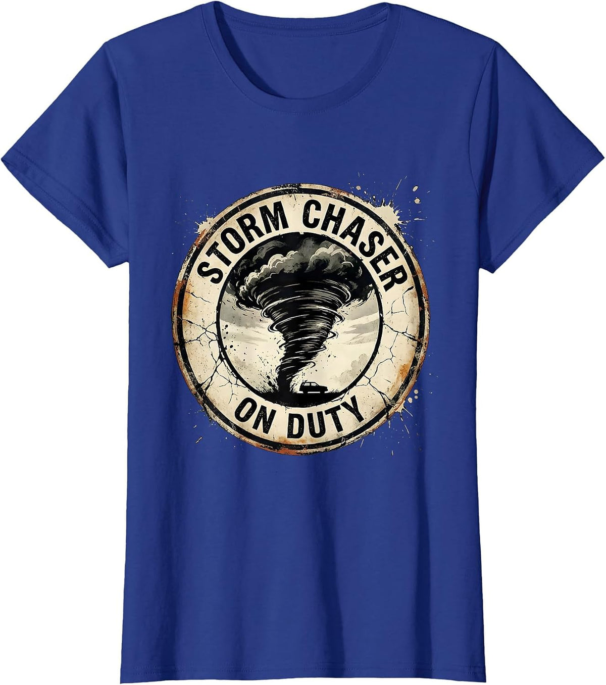 Women's Distressed Rope Funnel Badge Storm Chaser Meteorology Humor T-Shirt - Royal Blue
