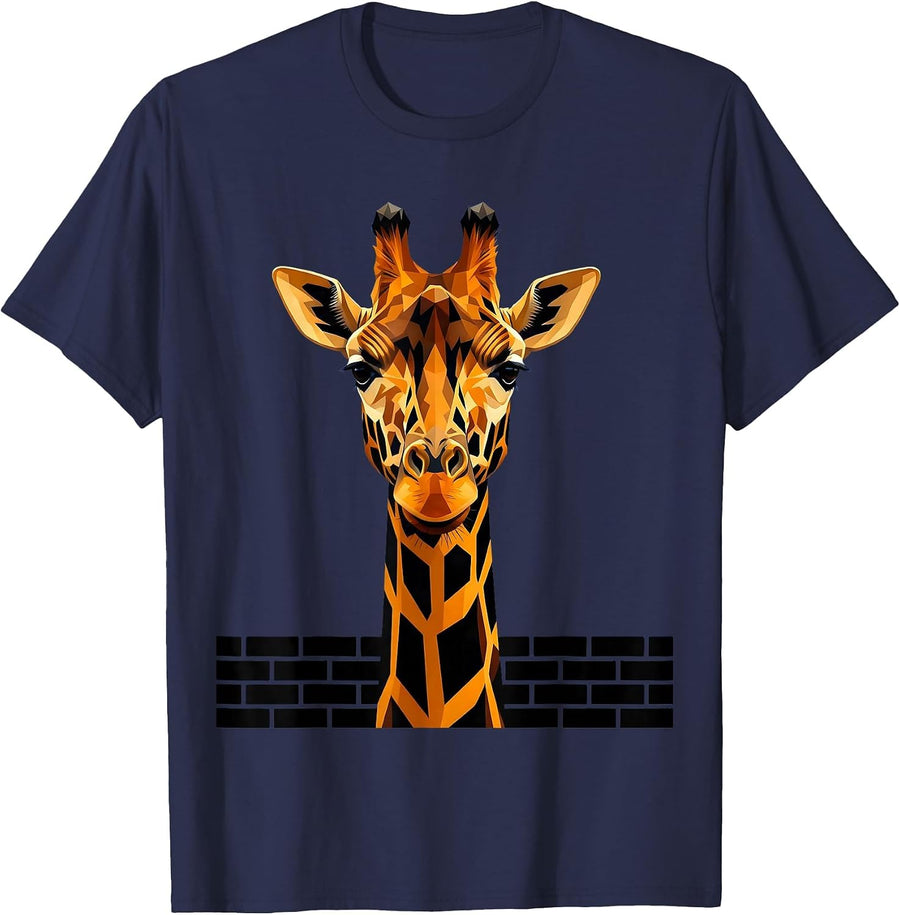 Giraffe Peeking Over Brick Wall Graphic T-Shirt - Navy Blue