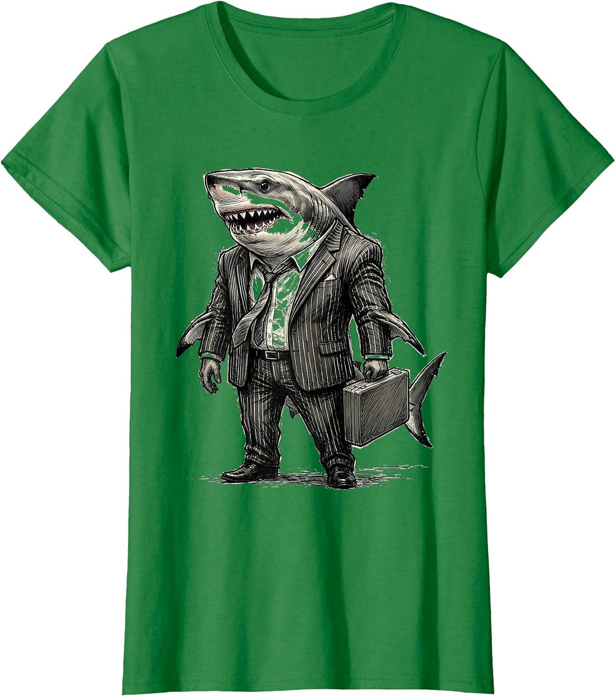 Women's Shark in Business Suit Novelty Graphic Design T-Shirt - Kelly Green