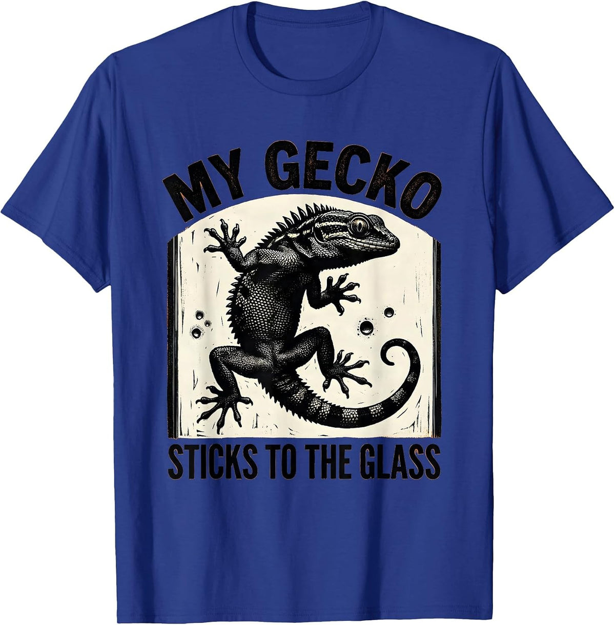 Men's My Gecko Sticks To The Glass Funny Reptile Pet Lover Linocut T-Shirt - Royal Blue
