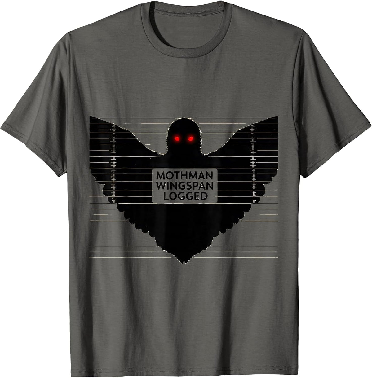 Men's Mothman Wingspan Logged Cryptid Folklore Horror Humor T-Shirt - Asphalt Grey
