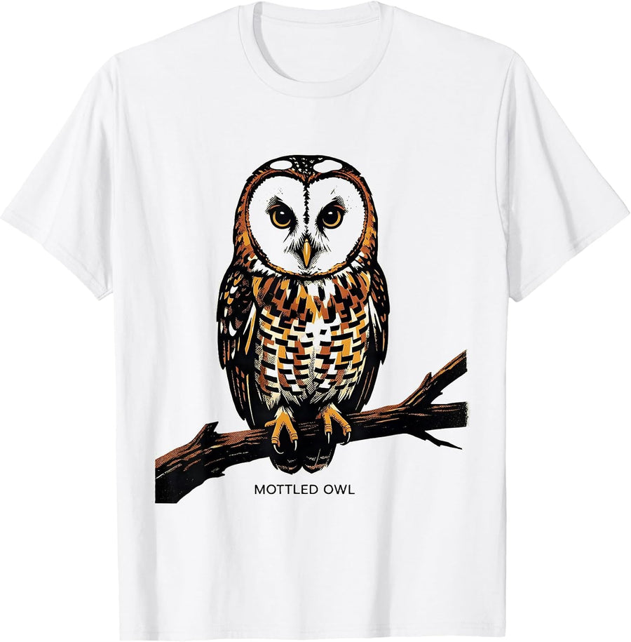 Men's Mottled Owl Screenprint Vintage Bird Lover Nature Art T-Shirt - White