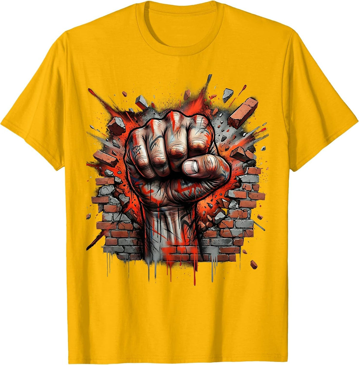 Punk Fist Smashing Through Brick Wall Graphic T-Shirt - Golden Yellow