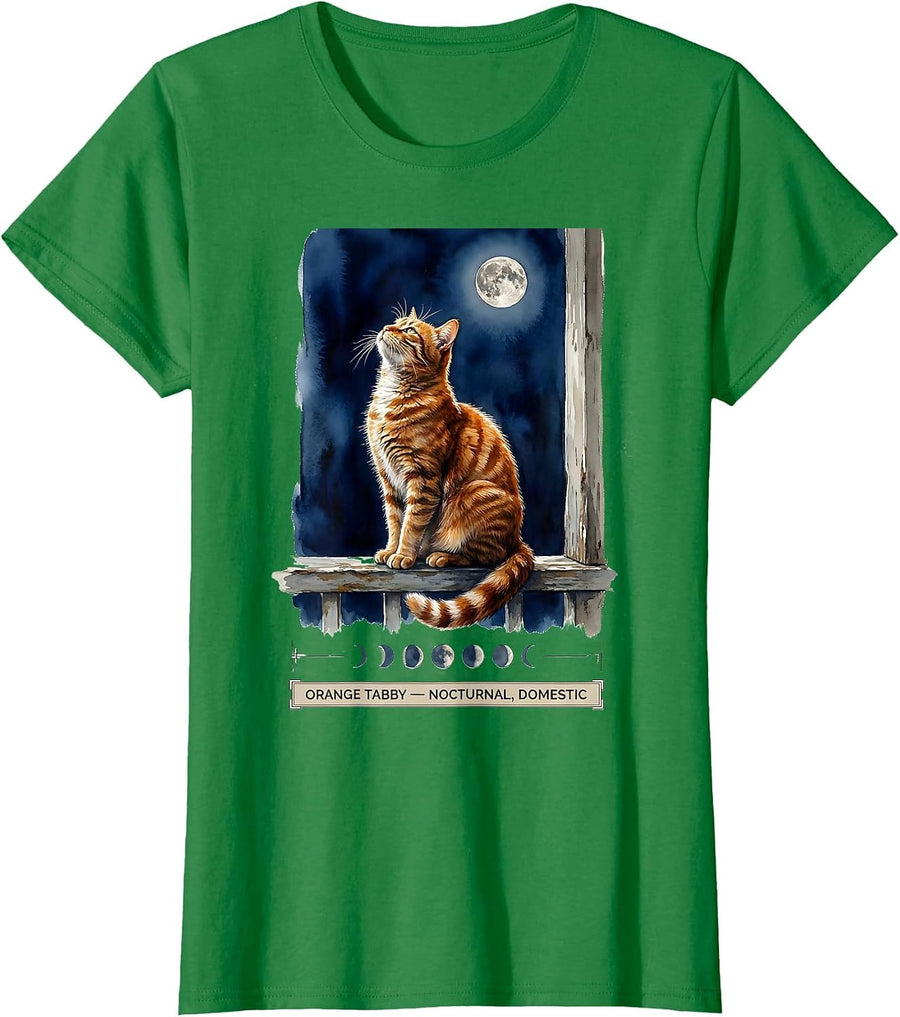 Women's Orange Tabby Nocturnal Domestic 90s Retro Watercolor T-Shirt - Kelly Green