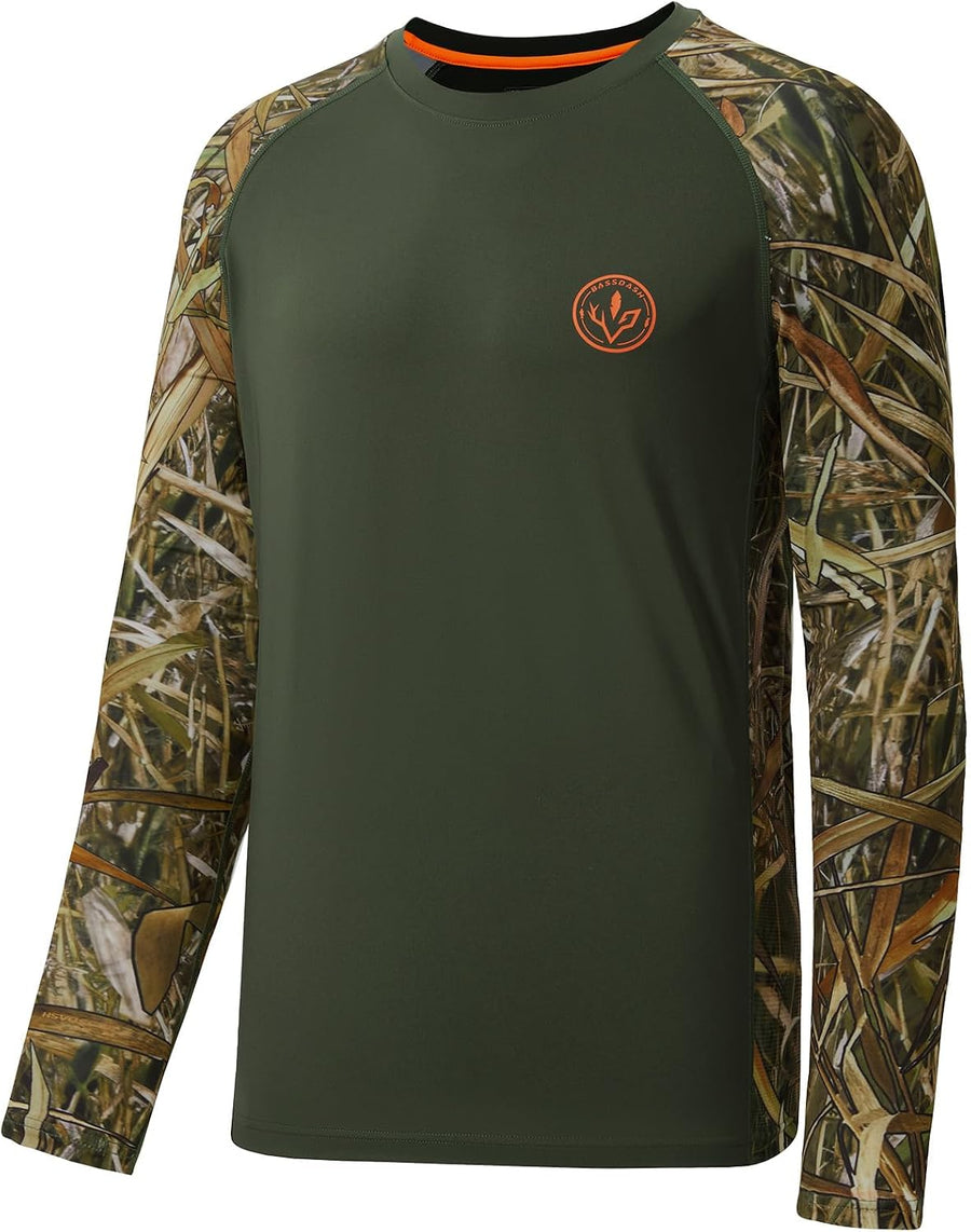 BASSDASH Men’s Lightweight Camo Hunting Shirt UPF 50+ Sun Protection Long Sleeve Hiking Fishing Performance Tee Mesh Panels