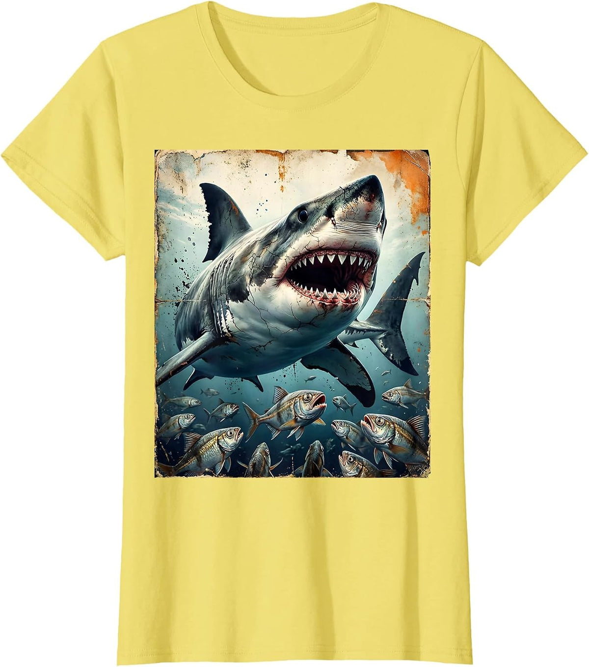 Women's Friendly Shark Waving at Tiny Fish Illustration T-Shirt - Lemon Yellow