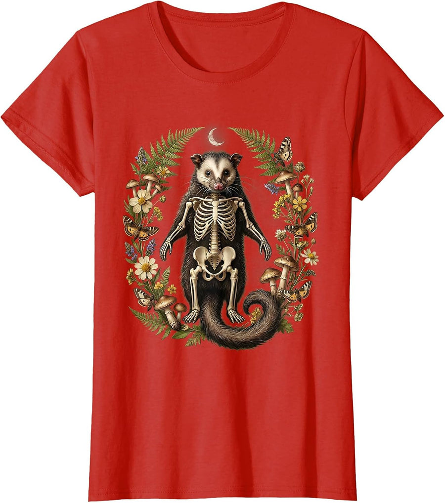 Women's Opossum Skeleton Classic Anatomy Illustration T-Shirt - Red