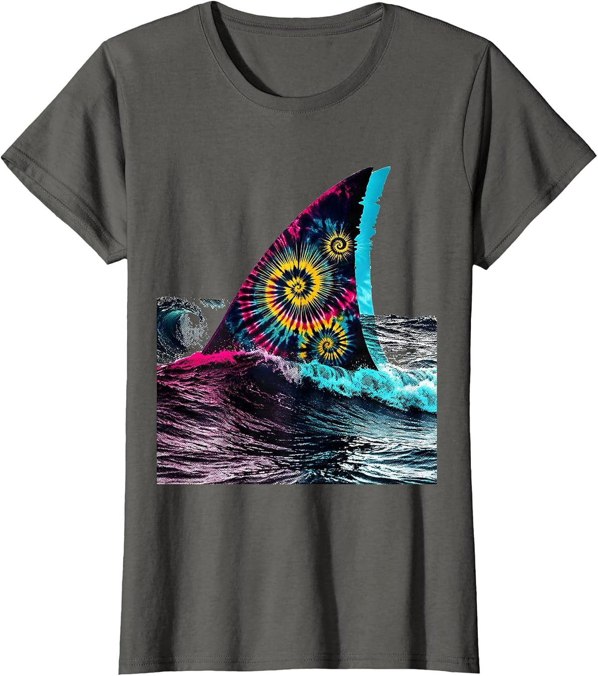 Women's Tie Dye Shark Fin Cutting Through Waves T-Shirt - Asphalt Grey