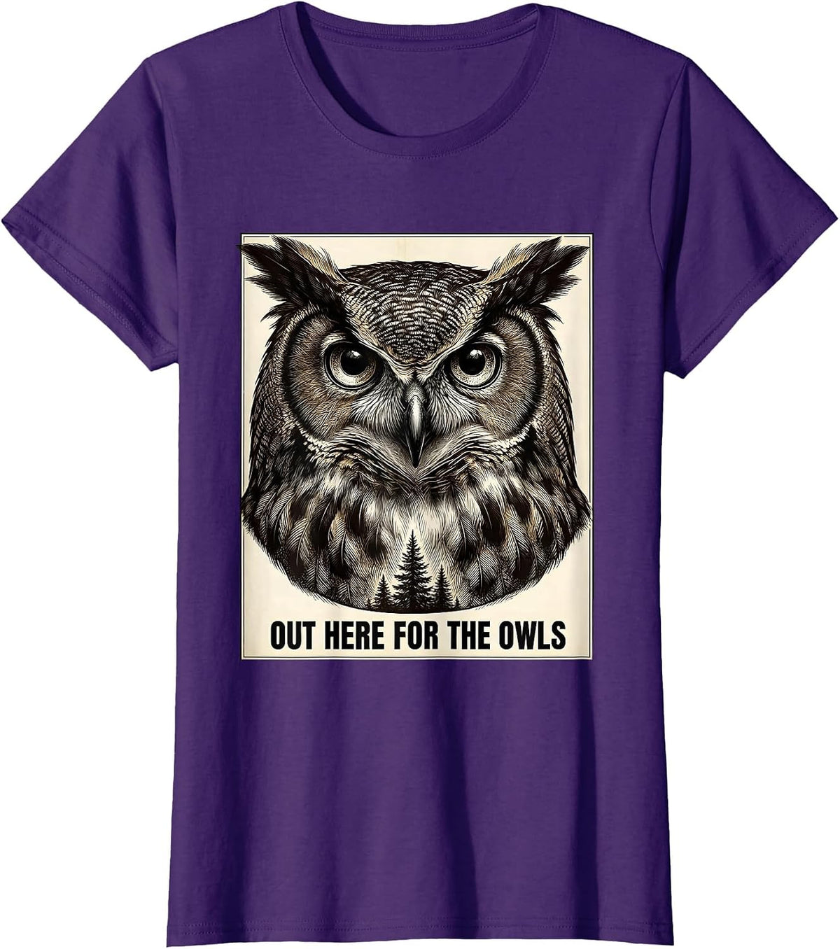 Women's Out Here For The Owls Crosshatch Etching Forest Wildlife T-Shirt - Purple