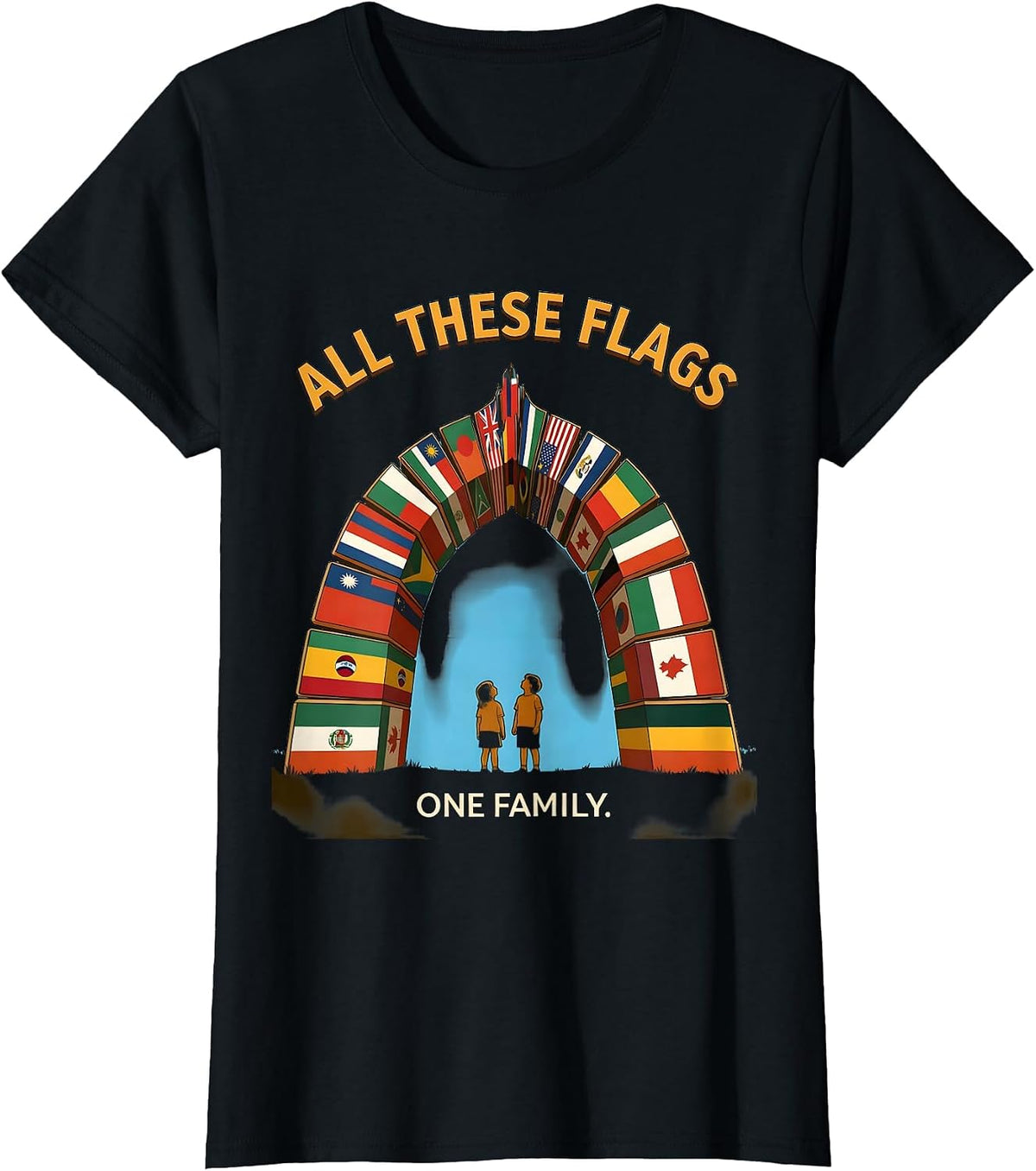 All These Flags, One Family Educational World Geography Kids T-Shirt - Black