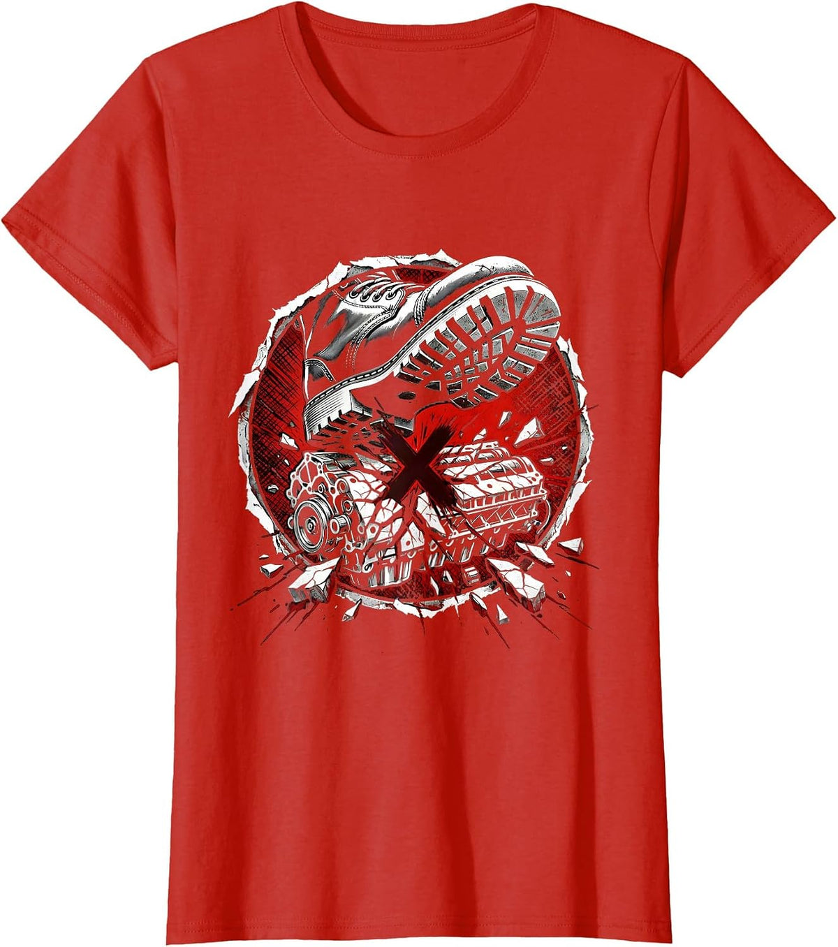Women's Mechanic Boot Stomping Cracked Engine Block T-Shirt - Red