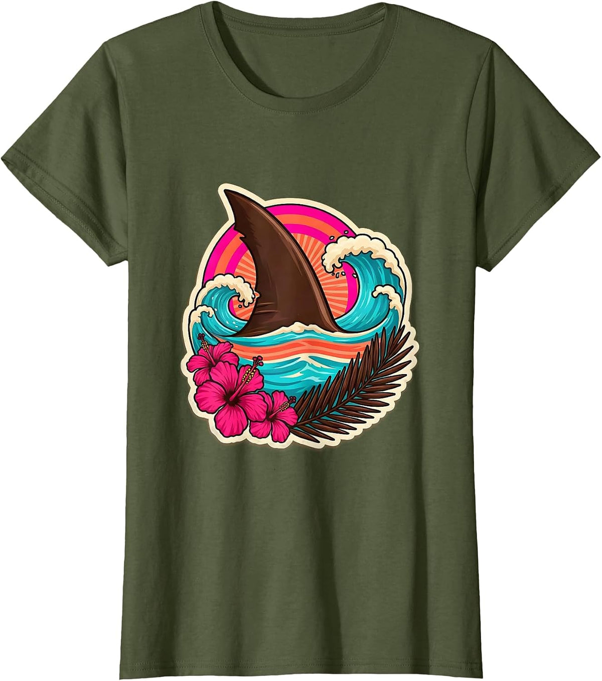 Women's Kids Shark Fin Ocean Waves Hawaiian Design T-Shirt - Olive Green