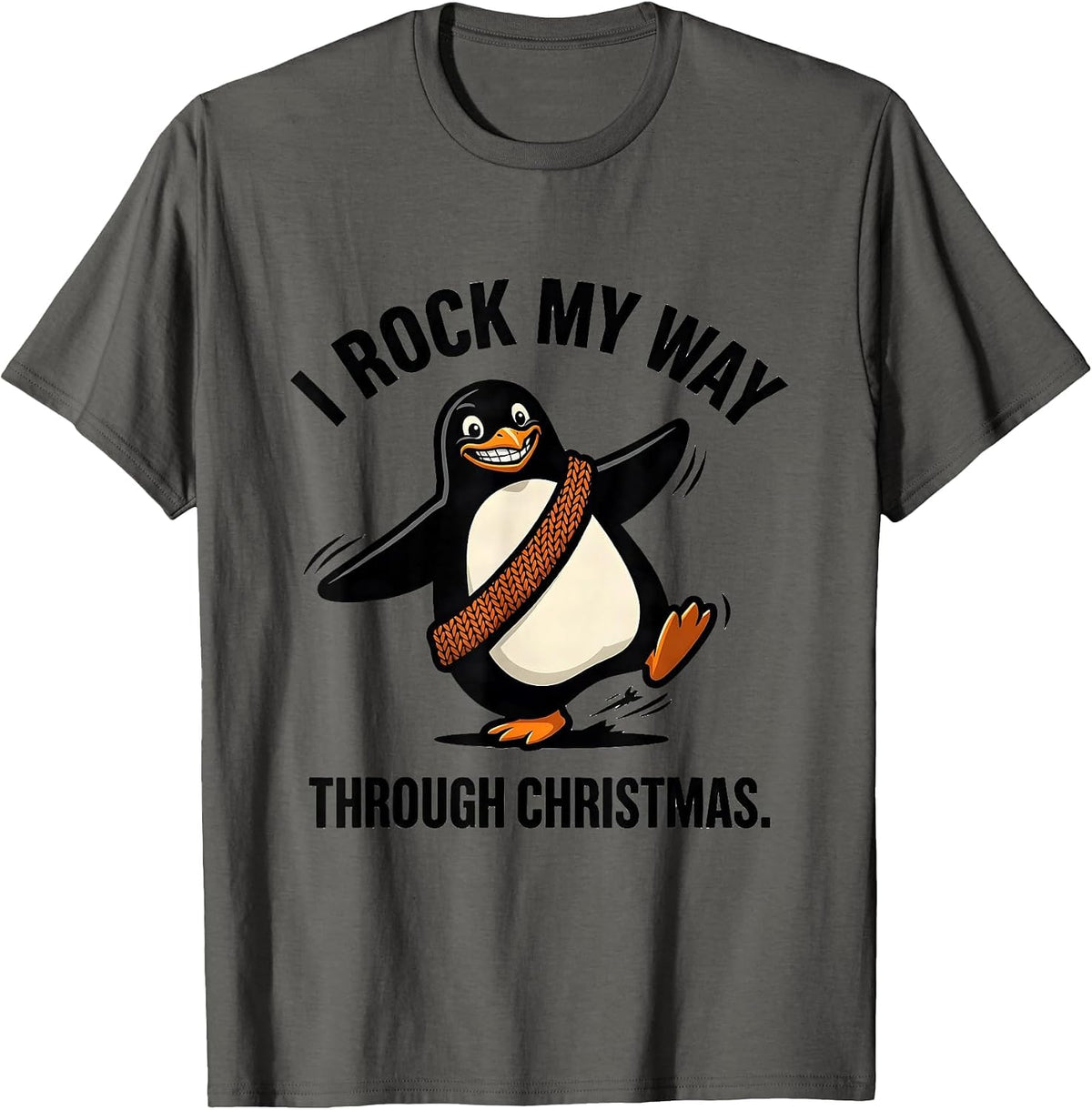 I Rock My Way Through Christmas Funny Ugly Christmas Penguin T-Shirt - Asphalt Grey