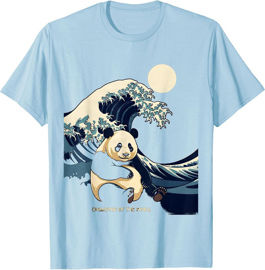 Men's Unmoved By The Swell Flat Vector Japanese Art Panda Surfing T-Shirt - Baby Blue
