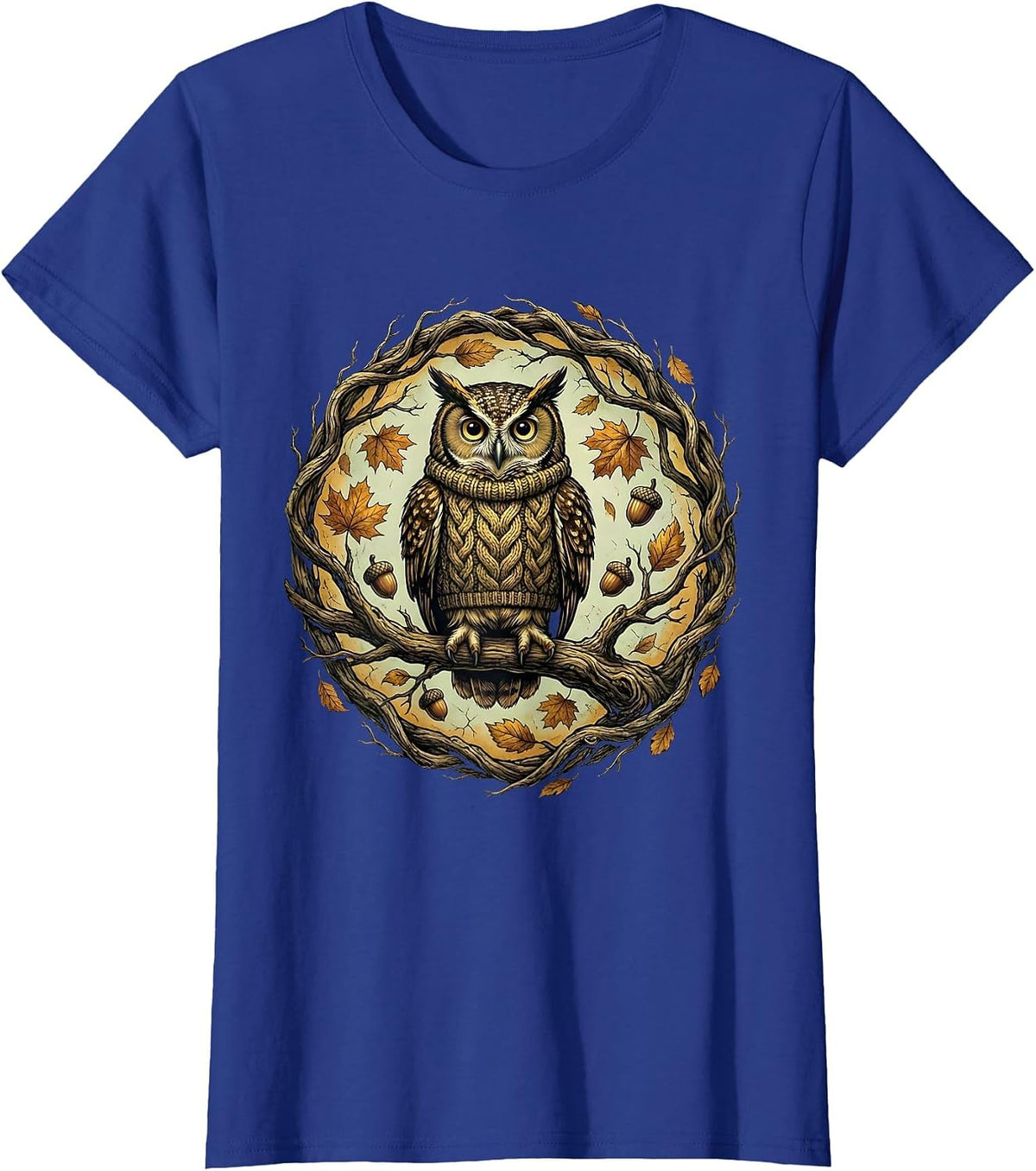 Women's Fall Owl on Branch Autumn Knitted Sweater Design T-Shirt - Royal Blue