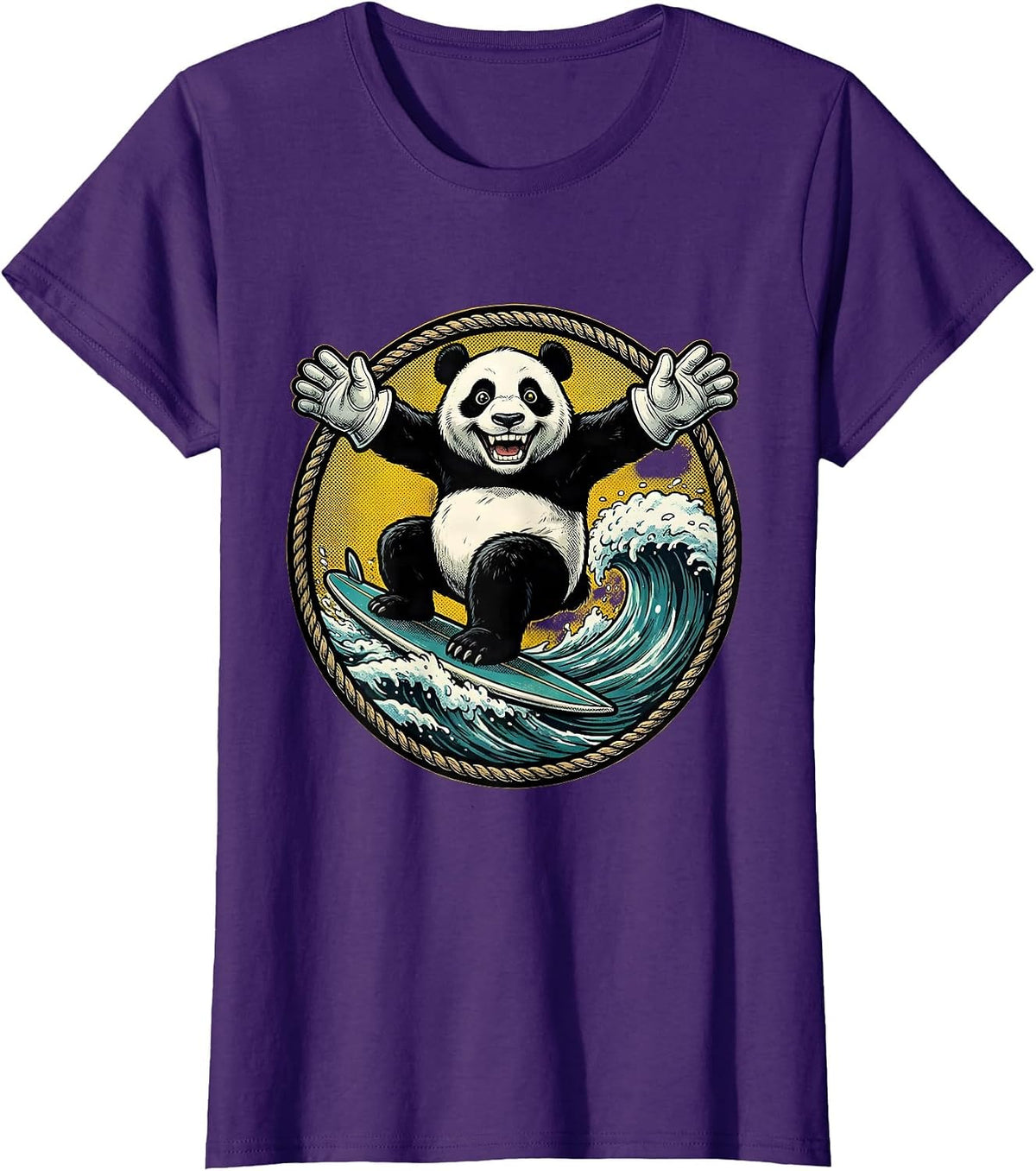 Women's Panda Surfing Ocean Wave Graphic Tee T-Shirt - Purple