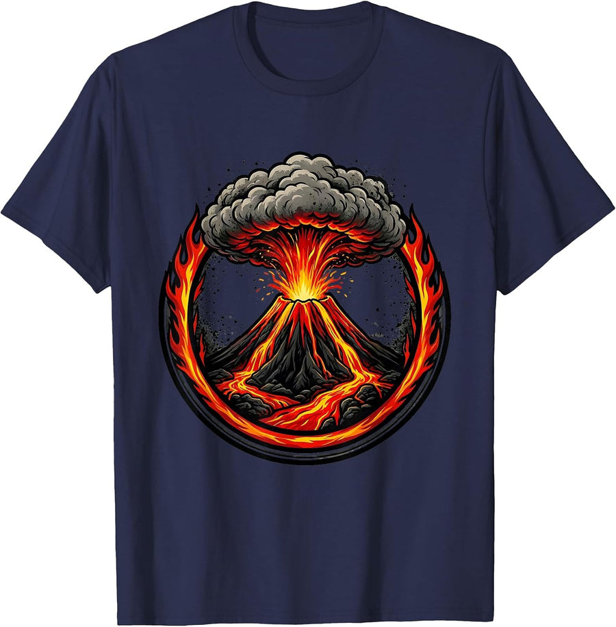 Volcanic Eruption Lava and Ash Cloud Mayhem T-Shirt - Navy Blue