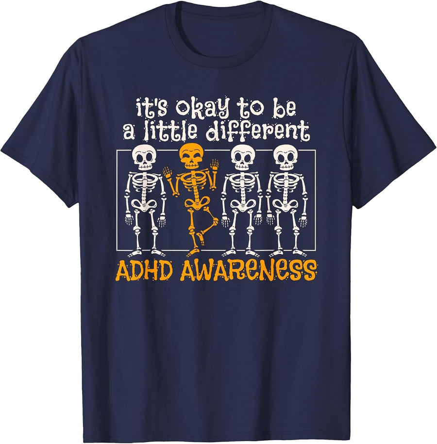 Halloween Skeleton ADHD Awareness T-Shirt - Navy Blue