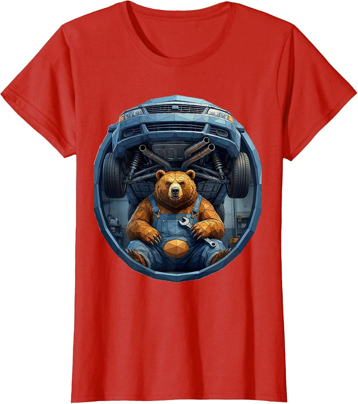 Bear Mechanic Under Lifted Car Graphic Tee T-Shirt - Red