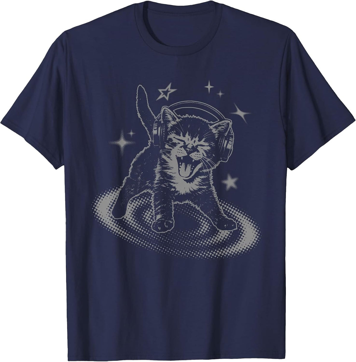 Y2K Cat Headphones Stars Silly 90s Grunge Vintage Graphic T-Shirt - Navy Blue