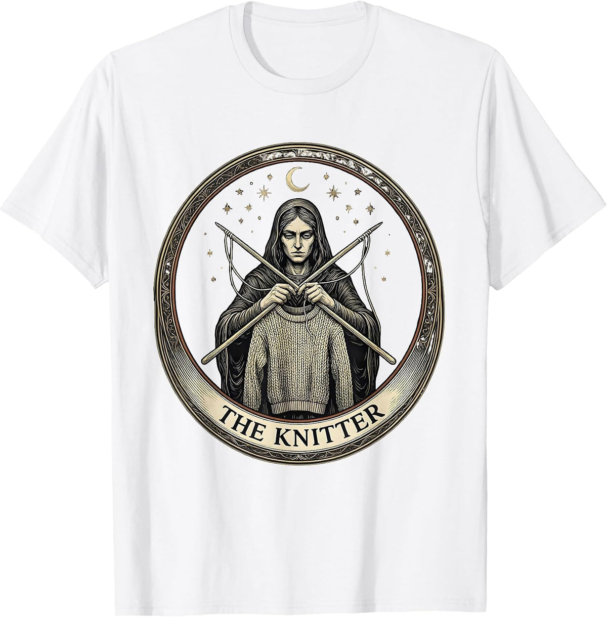 Men's THE KNITTER Emblem Funny Tarot Card Knitting Hobby Humor T-Shirt - White