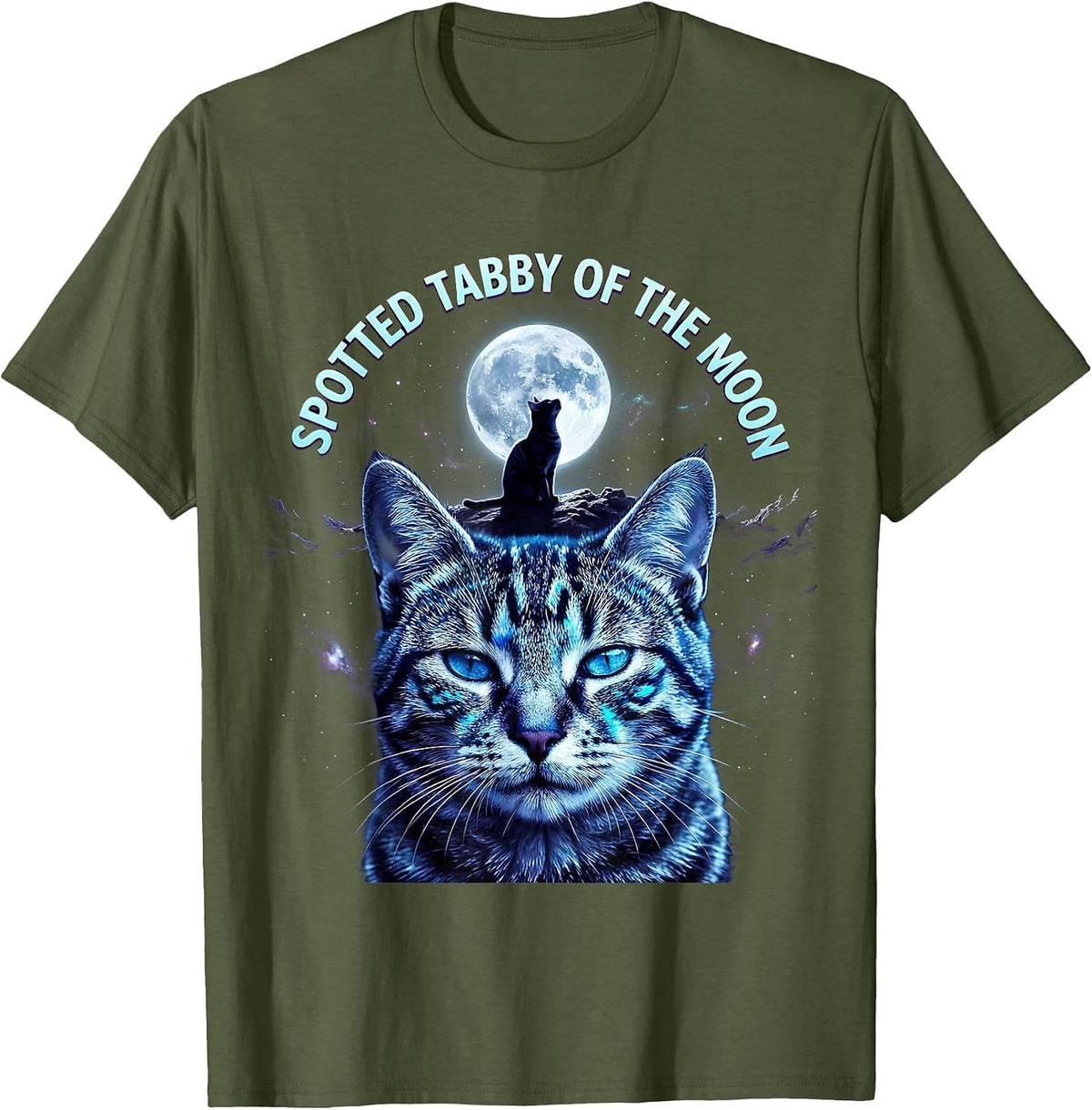 Men's Spotted Tabby Of The Moon Cosmic Cat Lover 90s Retro T-Shirt - Olive Green