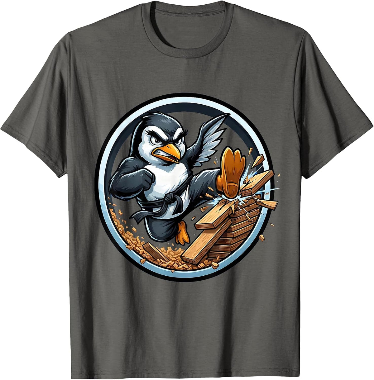 Angry Penguin Karate Kick Martial Arts Graphic T-Shirt - Asphalt Grey