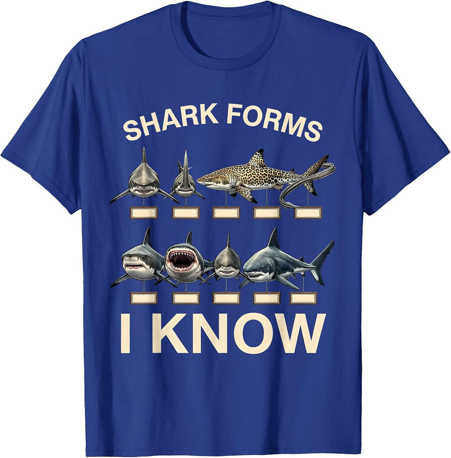 Shark Forms I Know Crosshatch Etching Marine Biology T-Shirt - Royal Blue
