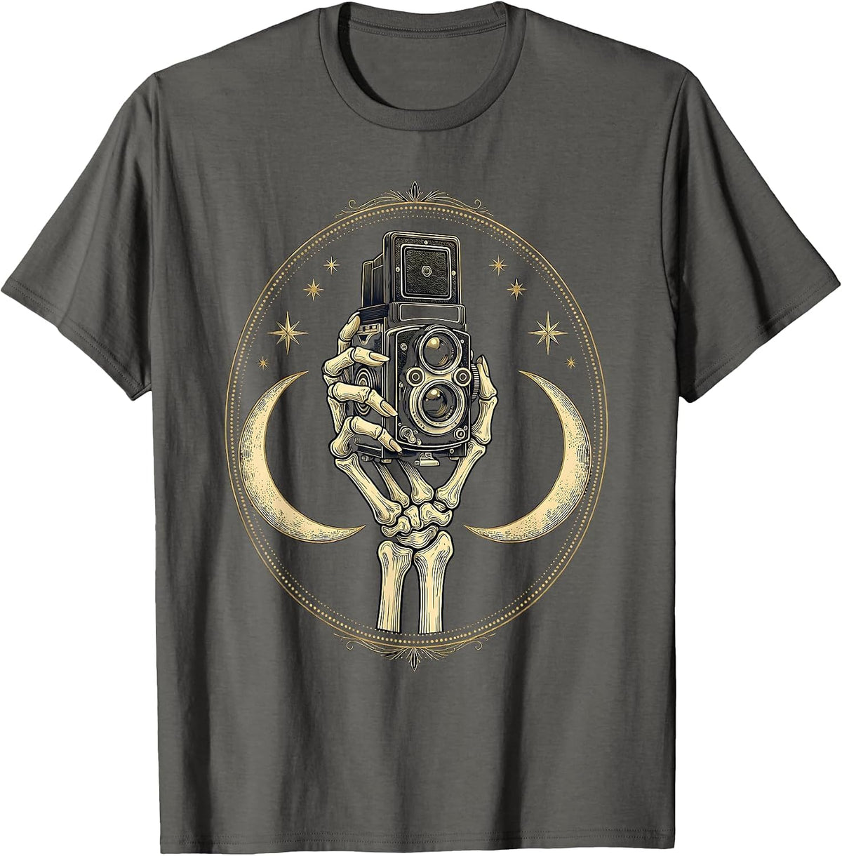 Men's Skeleton Hand Vintage Camera Photography Graphic T-Shirt - Asphalt Grey