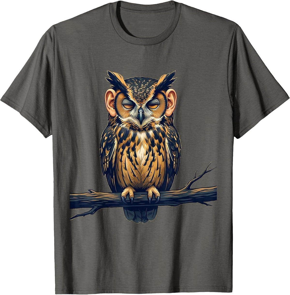 Owl Perched Eyes Wide Shut Graphic Design T-Shirt - Asphalt Grey