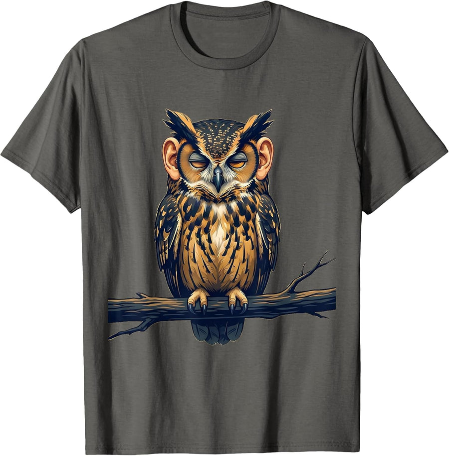Owl Perched Eyes Wide Shut Graphic Design T-Shirt - Asphalt Grey